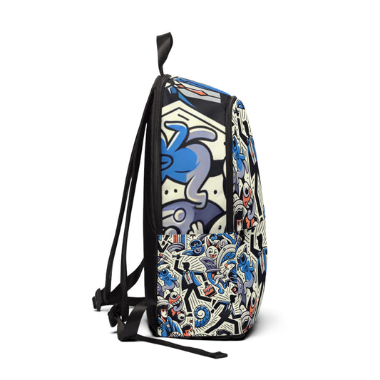 Side view of the Abstract Pixels Fusion Backpack showcasing a sleek profile and playful cartoon graphics. A luxurious accessory that combines creativity with practical storage.