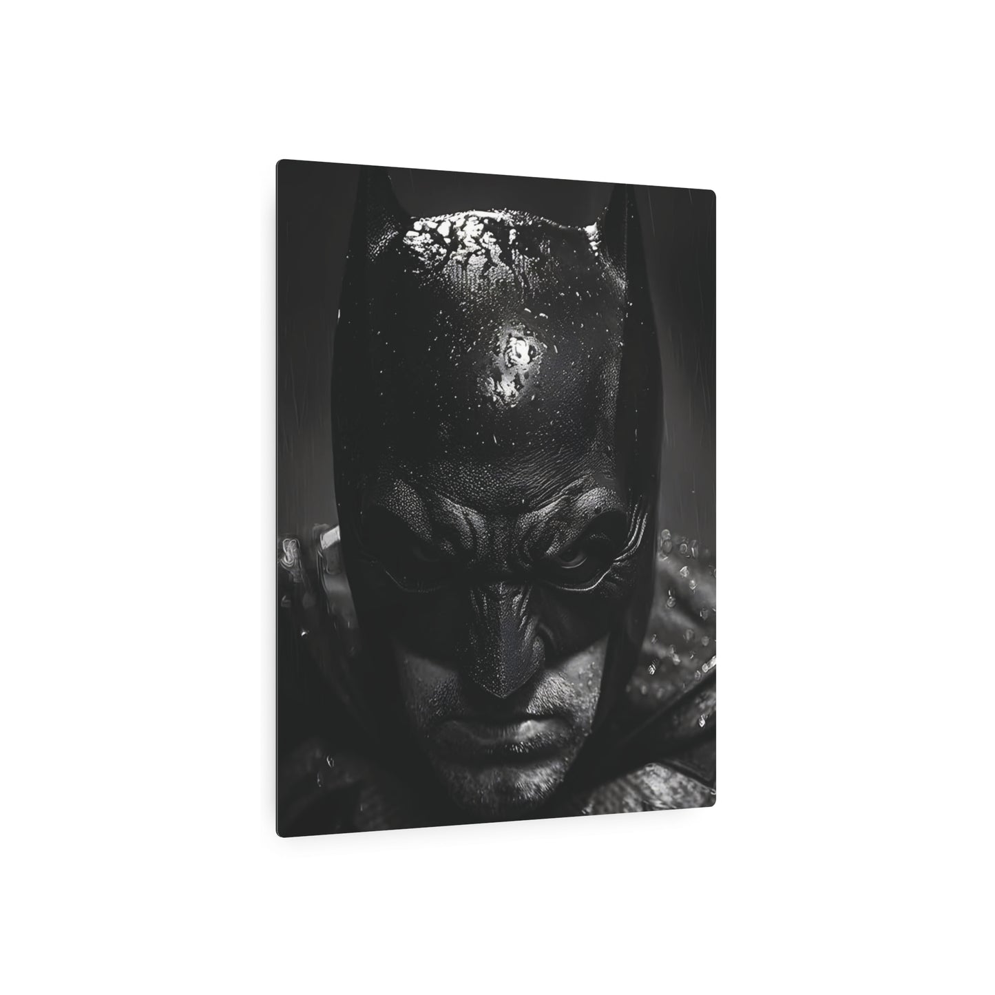 Batman Metal Art Poster displaying a striking image of Batman, perfect for elevating home or office decor with its premium matte aluminum quality and captivating design.