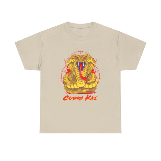 Luxurious Cobra Kai graphic T-shirt featuring a striking yellow cobra design on a beige fabric, perfect for a stylish and humorous take on martial arts apparel.