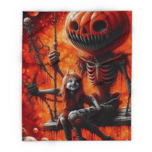 Close-up of the Decorative and Warm Halloween Spooky Arctic Fleece Blanket showcasing intricate artwork of a spooky pumpkin character and a joyful child, ideal for elegant seasonal gatherings.