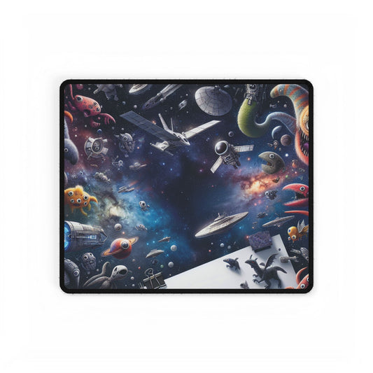 Stellar Nebulous Swirlscape Desk Mat showcasing a stunning blend of vibrant galaxies and playful aliens, designed to elevate your office or gaming experience with a unique aesthetic.
