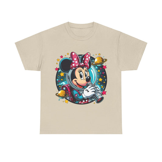 Blast Off with Minnie Mouse Unisex Graphic Tee Shirt showcasing a charming astronaut Minnie Mouse illustration on beige fabric, ideal for casual, stylish wear.