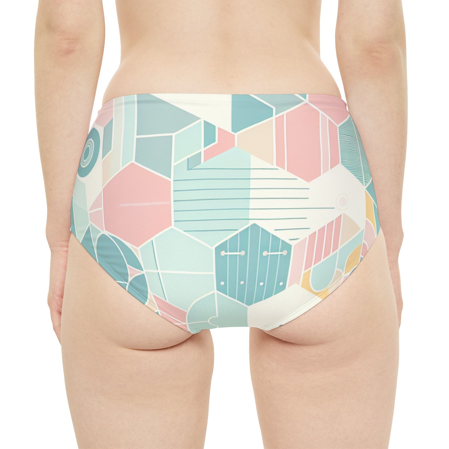 Back view of the Sweat Symphony: Harmonizing High-Waist Hipster Bikini Bottom, featuring exquisite geometric design and flattering coverage.