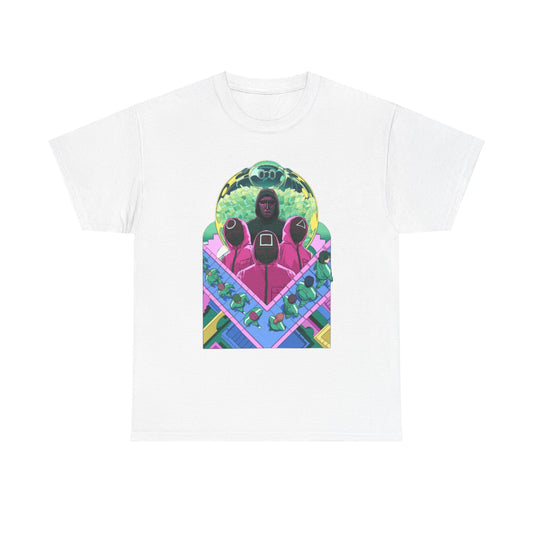 Stylish Squid Game-inspired unisex graphic tee featuring an intricate design of characters in vibrant colours, perfect for urban fashion enthusiasts.