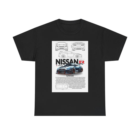 Elegant Nissan GTR R35 T-Shirt in black, displaying a stunning technical illustration and detailed specifications of the iconic car, ideal for style-savvy car lovers.