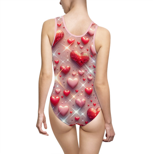 Back view of the Glittering Hearts Women's Classic One-Piece Swimsuit, highlighting its exquisite heart pattern and flattering cut, perfect for stylish beach outings.