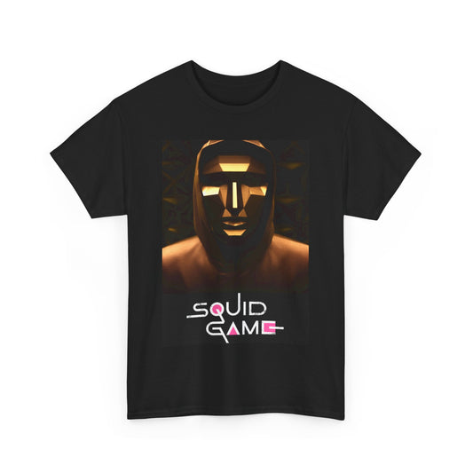 Sophisticated black graphic tee inspired by Squid Game, showcasing an iconic character and logo, ideal for stylish individuals seeking to express their fandom with flair.