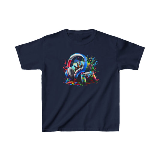 Unisex Children's Gaming Graphic Cotton Tee in navy, showcasing an eye-catching graphic of gaming headphones and a controller, crafted for comfort and style in breathable cotton.