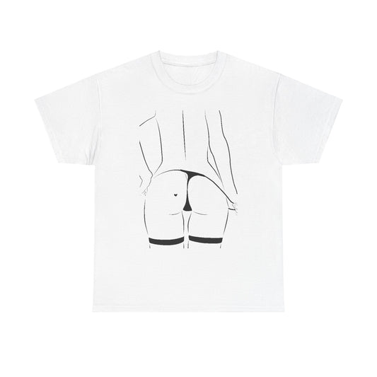 Classic white unisex tee adorned with an artistic black outline design of a woman's lower back and buttocks, exuding a blend of sophistication and playful allure.
