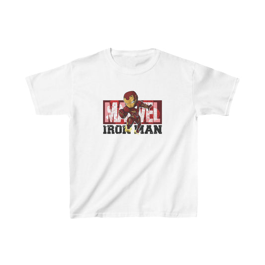 Unisex Kids Iron Man Movie Cotton T Shirt Tee featuring a lively Iron Man illustration on a white background, perfect for aspiring heroes.
