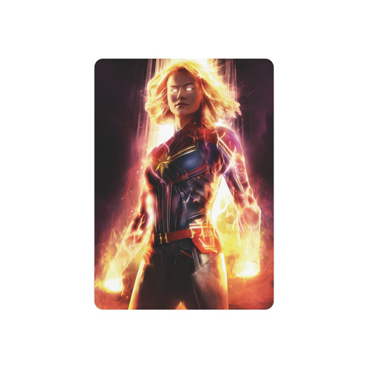 Stunning Captain Marvel Metal Art Poster showcasing the hero in vibrant flames, crafted from premium matte aluminium, perfect for elevating your space.