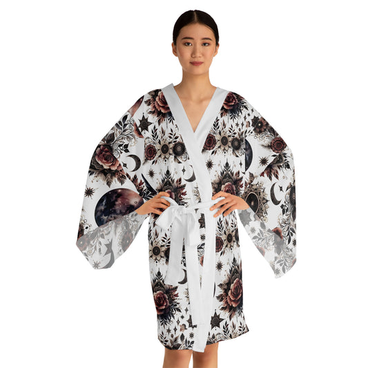 Floral Kimono Robe - Women's Robe featuring intricate floral and celestial designs, complemented by elegant long bell sleeves and a tie belt, embodying designer lounge wear.
