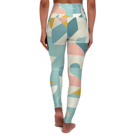 Close-up of the soft, breathable fabric of Modern Geometric Pastel Leggings by Dazzling Dreams Studio, showcasing the unique geometric design that combines circles, triangles, and squares for ultimate style.
