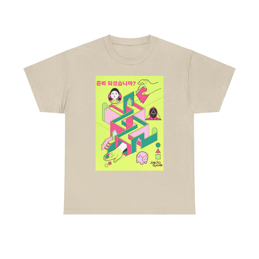Elegant unisex Squid Game graphic T-shirt with striking neon artwork. This premium tee captures the essence of the thrilling series, perfect for those looking to blend comfort with a bold fashion statement.