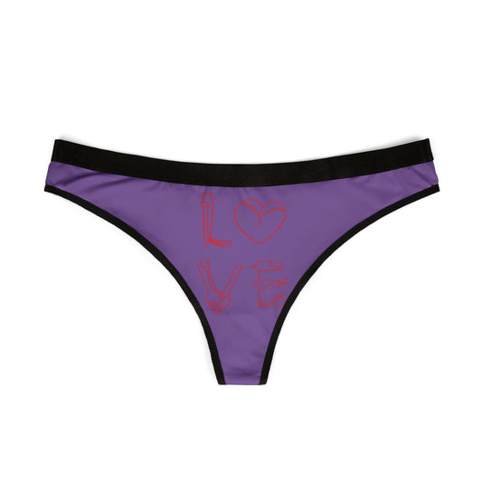 Elegant women's purple thong adorned with bold red graphics of the word 'LOVE', ideal for intimate celebrations and adding a cheeky flair to lingerie collections.
