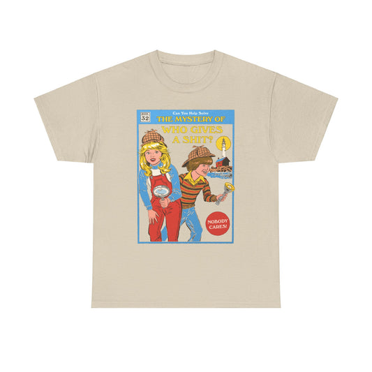 Elegant cotton t-shirt illustrating the playful theme of 'The Mystery of Who Gives a Shit?' with charming child characters, ideal for casual luxury wear.