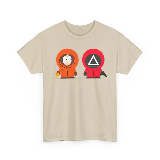Sophisticated Squid Game South Park Unisex Men’s Women’s Graphic Cotton Funny T-Shirt showcasing a striking illustration of characters blending dark comedy and playful art.
