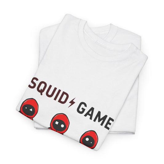 Squid Game Unisex Men´s Women´s Graphic Cotton Funny T Shirt Tee displayed folded, showcasing a playful design with iconic red hooded figures and stylish lettering.