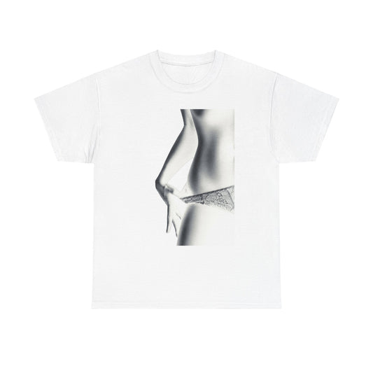 Sophisticated unisex graphic tee presenting a captivating silhouette of femininity in grayscale, accentuating lace details, ideal for casual yet stylish occasions.
