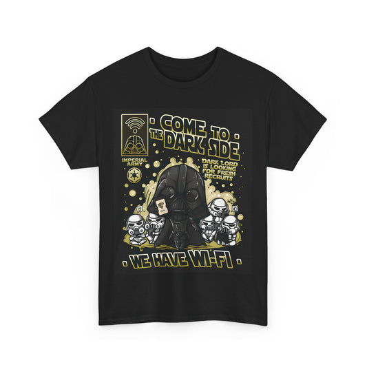 Come to the dark side Star Wars Graphic T-Shirt showcasing a charming depiction of Darth Vader and cartoon Stormtroopers, ideal for sophisticated Urban Unisex apparel with a playful twist.
