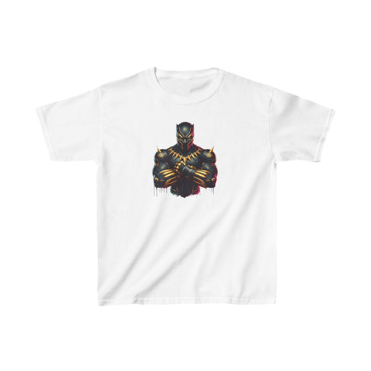 Elegant Black Panther unisex graphic tee shirt for children, displaying a dynamic illustration of the superhero in a predominantly white backdrop, emphasizing the powerful design and exquisite detailing.