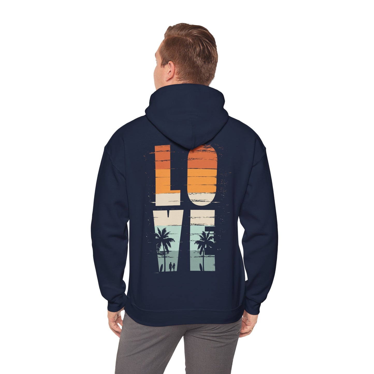 Man wearing the Vintage Love Back Print Hoodie, displaying its captivating graphic of palm trees and the word 'LOVE', radiating summer vibes and effortless elegance.