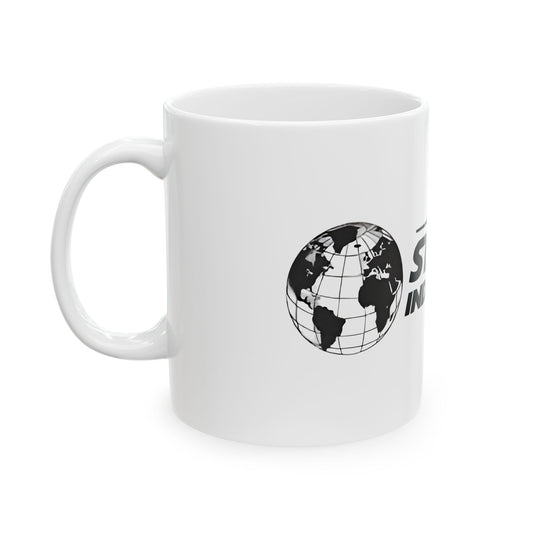 Stark Industries Iron Man Logo Ceramic Mug featuring a high-quality glossy finish, ideal for Marvel fans, displaying the iconic globe design.