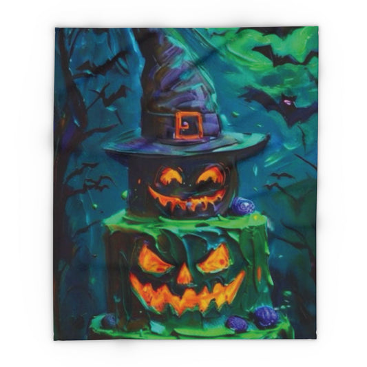 Decorative and Warm Halloween Spooky Arctic Fleece Blanket featuring a vibrant design of three carved pumpkins with glowing faces and a witch's hat, ideal for festive seasonal comfort.