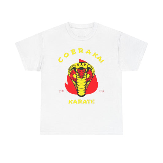 Elegant white graphic t-shirt featuring the iconic Cobra Kai logo, showcasing a stylised snake in red and yellow against a soft cotton fabric.