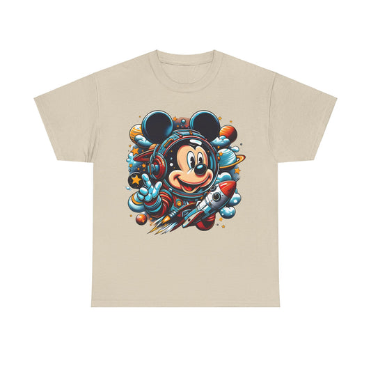 Elegant unisex graphic tee in beige featuring a whimsical Mickey Mouse astronaut design, complete with a striking space suit and playful rocket imagery, ideal for fashion-forward space enthusiasts.
