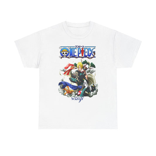 Luxury men's t-shirt featuring an exquisite Sanji design from One Piece, showcasing a dynamic anime artwork on a white background.