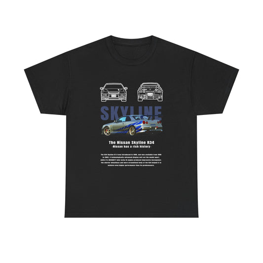 Men's black t-shirt featuring a striking Nissan Skyline R34 graphic design, showcasing iconic car illustrations and bold typography, perfect for automotive enthusiasts.