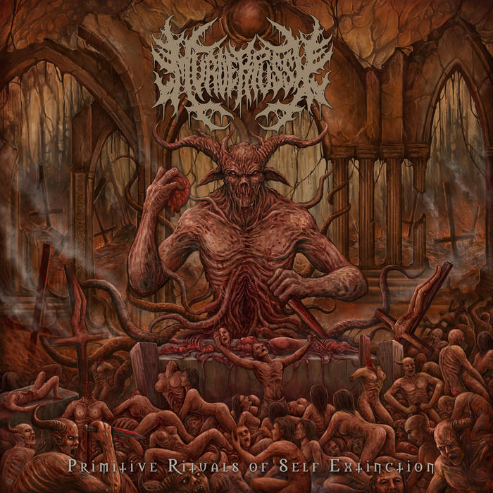 Murder Pussy - Primitive Rituals Of Self Extinction CD cover art by Rancid Offal Records, featuring a striking and dark design that represents the death metal genre, released in 2023 from Germany.