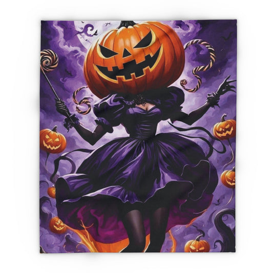 Elegant Decorative and Warm Halloween Spooky Arctic Fleece Blanket showcasing a whimsical pumpkin character in a stylish purple gown, ideal for creating a cozy atmosphere during Halloween celebrations.