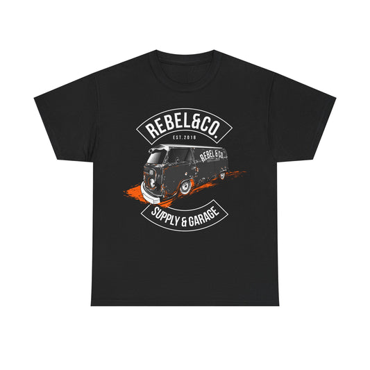 Elegant black men's t-shirt showcasing a vintage camper van design with 'REBEL&CO. EST. 2018' and 'SUPPLY & GARAGE' text, ideal for trendsetting lifestyles.