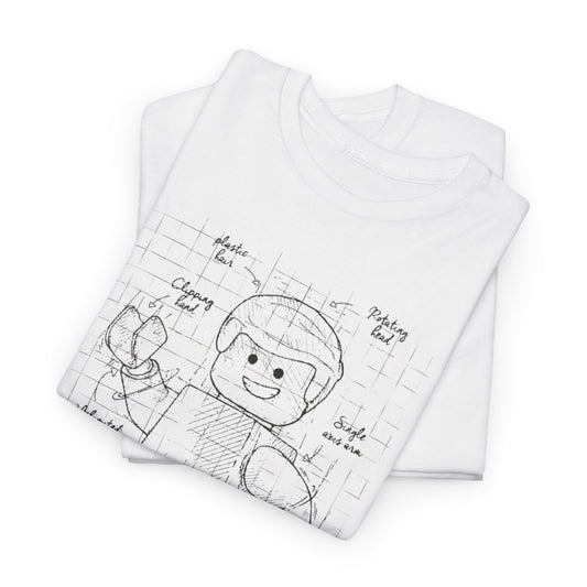 Lego Figure Unisex Mens Women's Graphic Funny T-Shirt Tee, elegantly folded to reveal a charming technical design, blending retro aesthetics with playful humour, ideal for both casual and stylish occasions.
