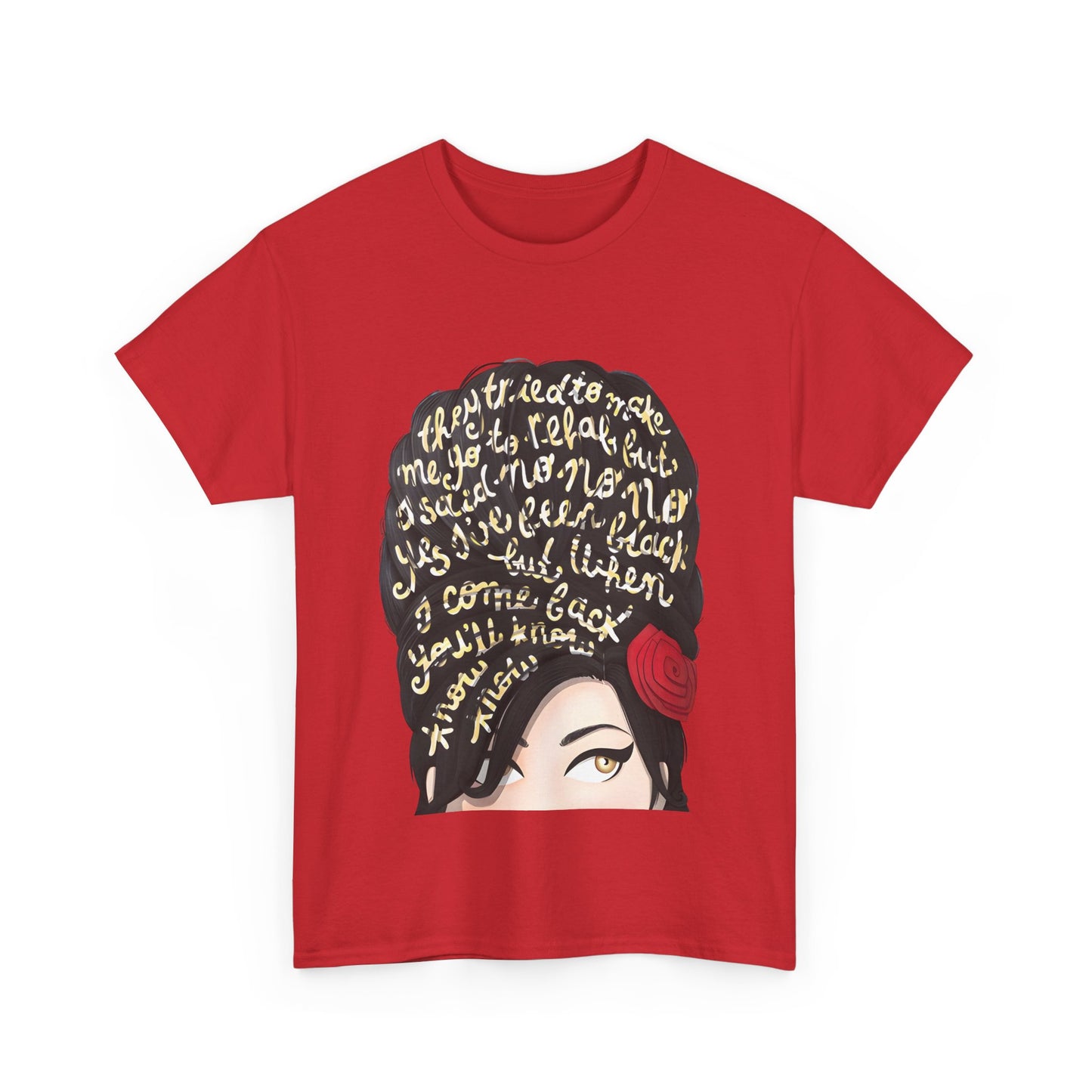 Luxurious unisex Amy Rehab Lyrics Graphic Tee in vibrant red featuring an edgy design with artistic representation and iconic lyrics, perfect for music and fashion aficionados.
