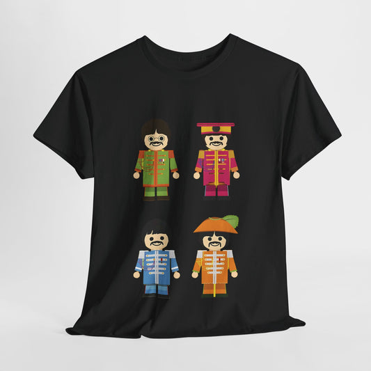 The Toy Beatles Graphic T-Shirt Urban Unisex Cotton Tee showcasing colourful cartoon representations of the iconic band members on a black fabric, offering a blend of artistry and luxury.