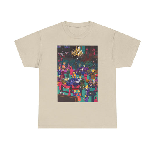 Elegant unisex Squid Game graphic t-shirt, adorned with a captivating design illustrating a vibrant social gathering. This chic tee perfectly balances bold artistry with premium comfort, making it a distinguished choice for fashion-forward individuals.