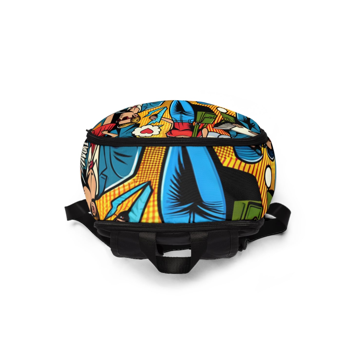 Stylish individual wearing the Dazzling Dreams Studio Modern Pop Art Backpack against an urban backdrop, highlighting its trendy design and comfortable padded straps.