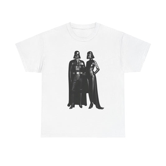 Mr + Mrs Vader Star Wars Unisex Mens Graphic Cotton Funny T Shirt Tee Vintage showcasing a bold graphic of a classic Sith duo on premium quality white fabric.