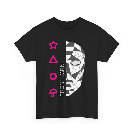 Elegant Squid Game Unisex Men’s Women’s Graphic Cotton Funny T-Shirt displaying the distinctive Front Man face with geometric accents and game symbols, ideal for fashion-forward individuals.