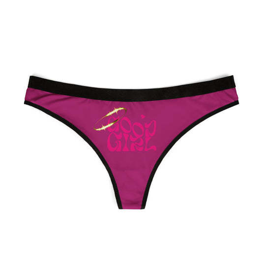 Sleek Good Girl thong panties displayed against a minimalist white background, showcasing the striking pink design adorned with whimsical lettering and a sophisticated black trim, ideal for adding a touch of glamour to any lingerie collection.