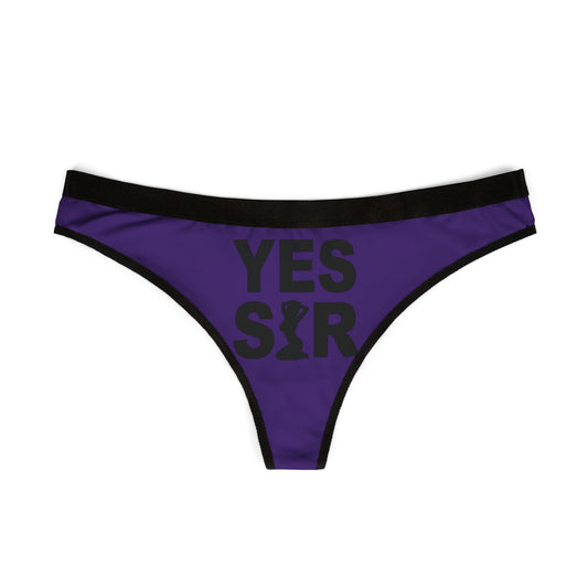 Elegant purple women's thong featuring a bold graphic print saying 'YES SIR', designed to add a cheeky touch to your intimate apparel collection.