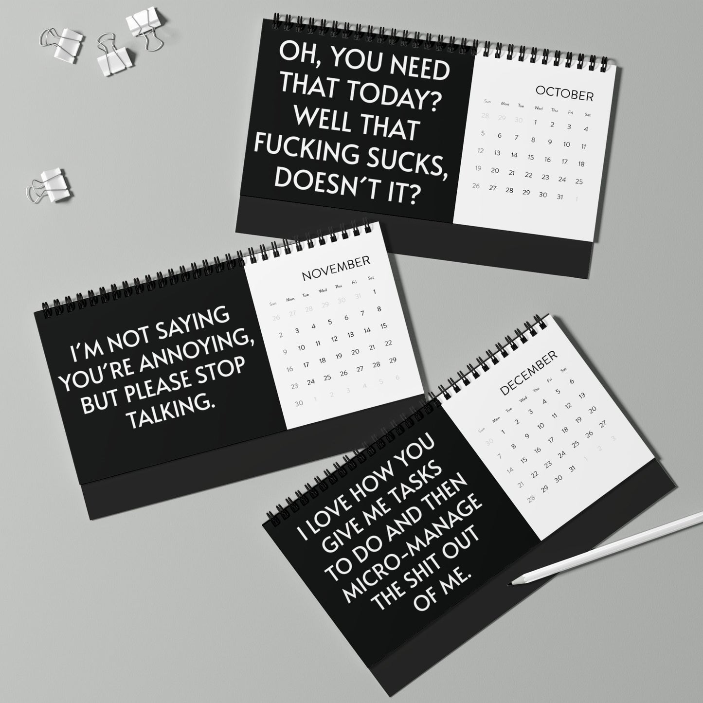 2025 Humorous Desktop Calendar featuring witty snarky quotes for each month, including quotes for October, November, and December, designed to bring laughter to your workspace with a luxurious touch.