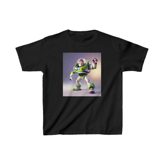 Kids Buzz Lightyear Heavy Cotton T-Shirt in black, showcasing a vibrant Buzz Lightyear graphic, ideal for adventurous children who love space exploration.