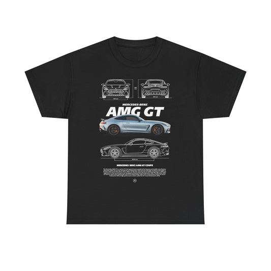 Luxurious black men's t-shirt featuring a stunning Mercedes-AMG GT graphic design, showcasing detailed line drawings and bold branding. Ideal for automotive enthusiasts.
