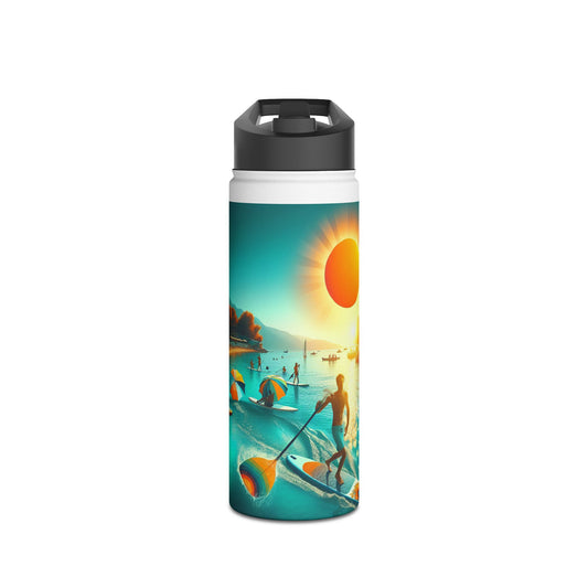 Fantasy Paddleboarding Stainless Steel Water Bottle showcasing a stunning sunset over a tranquil paddleboarding landscape, ideal for luxury hydration.