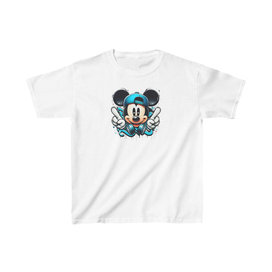 Childs Mickey Mouse Graffiti Unisex Graphic Tee Shirt in white displaying a striking graffiti art of Mickey Mouse in a playful pose with teal headphones.