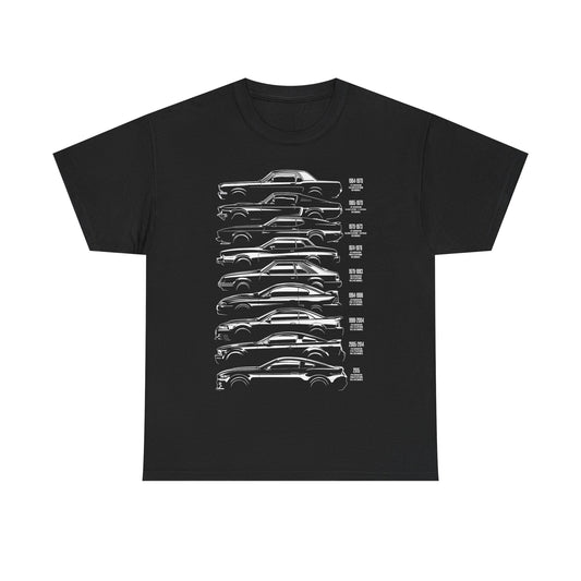 Timeless Ford Mustang Evolution Tee in black, featuring an elegant graphic capturing the iconic side profiles of the Ford Mustang's evolution, perfect for sophisticated automotive lovers.